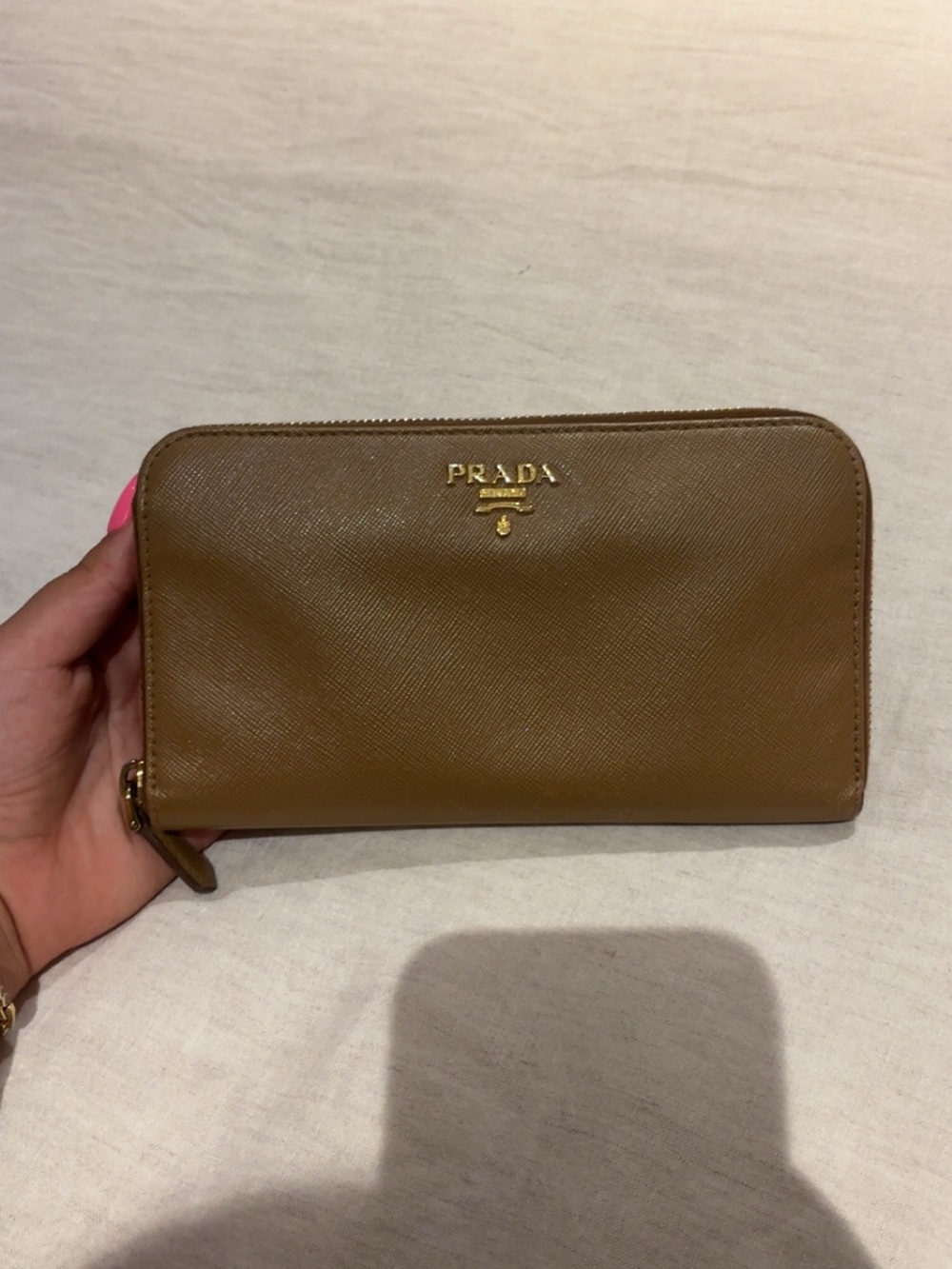 Prada Saffiano leather Zip Wallet - Caramel with Gold Hardware